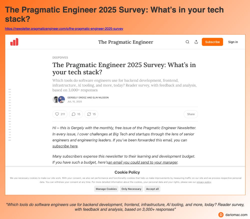The Pragmatic Engineer 2025 Survey: What’s in your tech stack? page screenshot