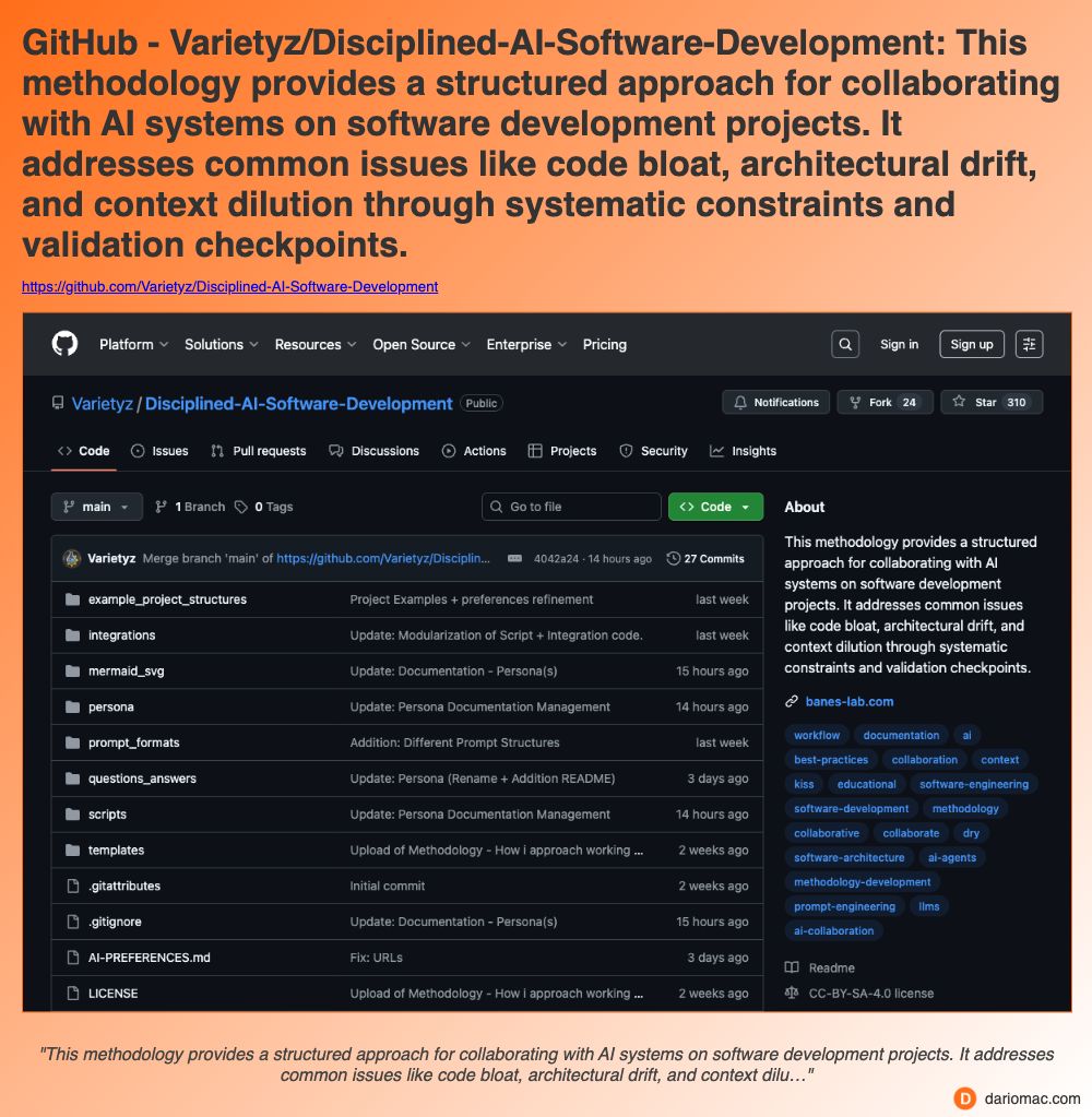 GitHub - Varietyz/Disciplined-<strong>AI</strong>-Software-Development: This methodology provides a structured approach for collaborating with <strong>AI</strong> systems on software development projects. It addresses common issues like code bloat, architectural drift, and context dilution through systematic constraints and validation checkpoints. page screenshot