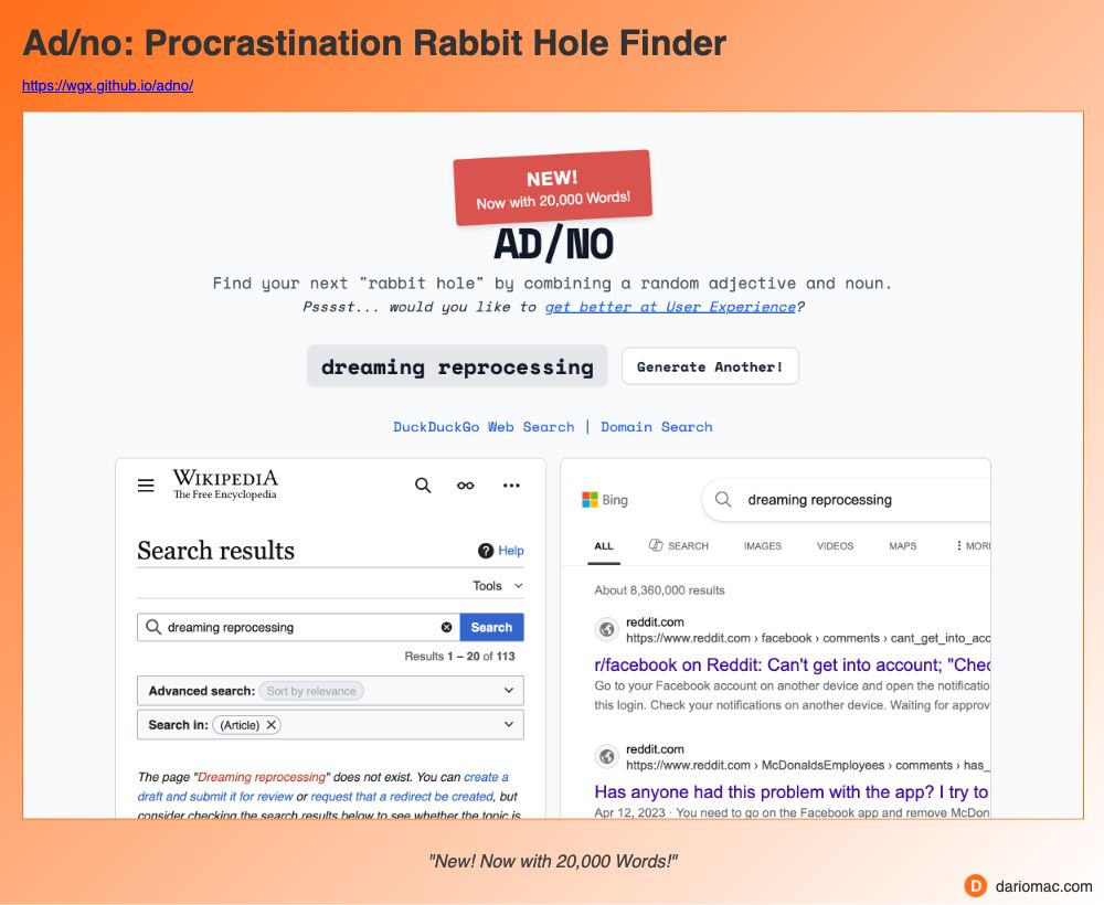 Ad/no: Procrastination Rabbit Hole Finder page screenshot