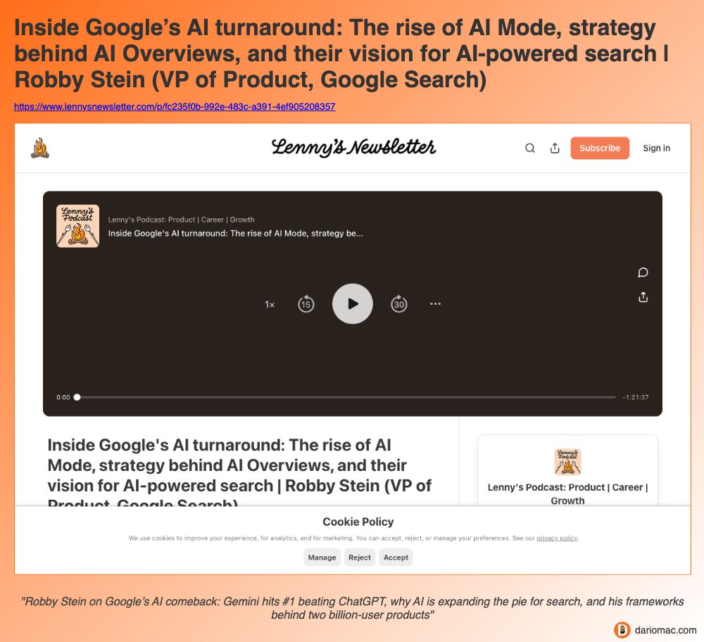 Inside Google’s <strong>AI</strong> turnaround: The rise of <strong>AI</strong> Mode, strategy behind <strong>AI</strong> Overviews, and their vision for <strong>AI</strong>-powered search | Robby Stein (VP of Product, Google Search) page screenshot