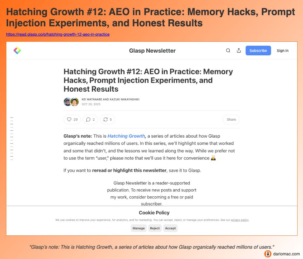Hatching Growth #12: AEO in Practice: Memory Hacks, Prompt Injection Experiments, and Honest Results page screenshot