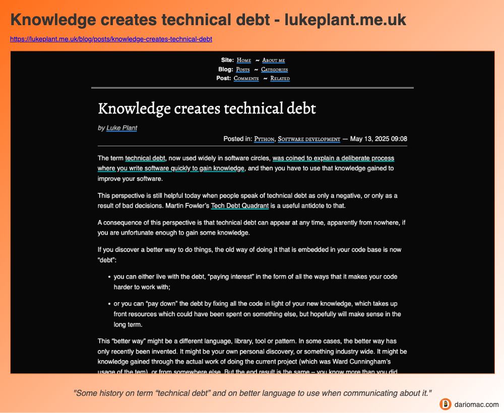 Knowledge creates technical debt - lukeplant.me.uk page screenshot