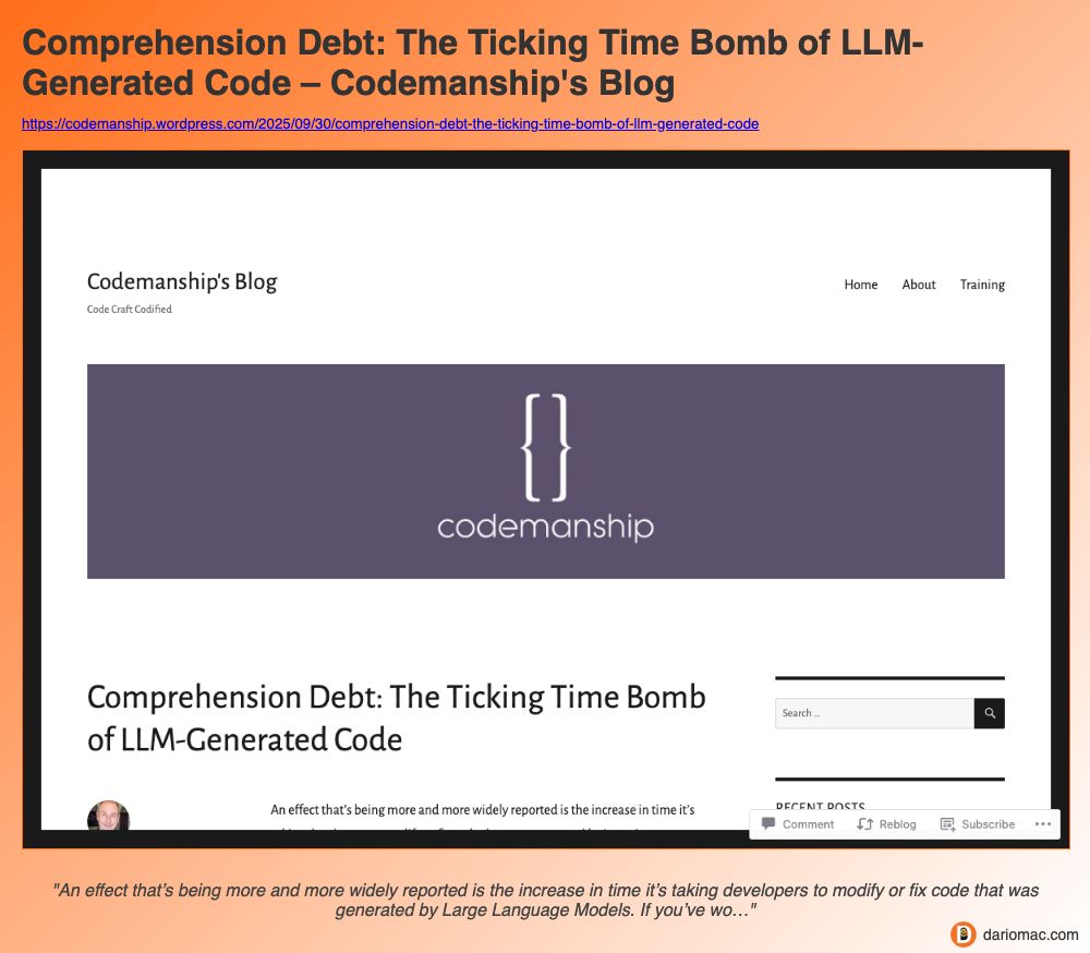 Comprehension Debt: The Ticking Time Bomb of <strong>LLM</strong>-Generated Code – Codemanship's Blog page screenshot