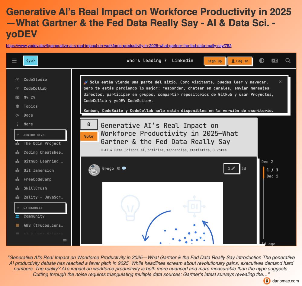 Generative <strong>AI</strong>’s Real Impact on Workforce Productivity in 2025—What Gartner & the Fed Data Really Say - <strong>AI</strong> & Data Sci. - yoDEV page screenshot
