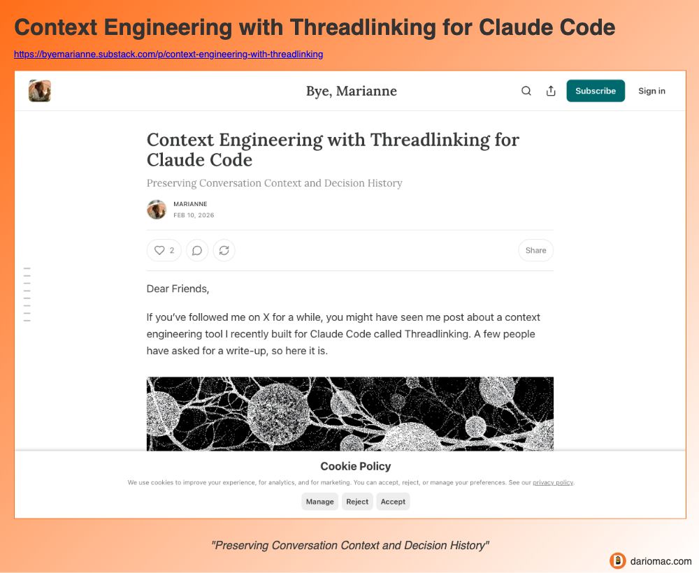 Context Engineering with Threadlinking for Claude Code page screenshot